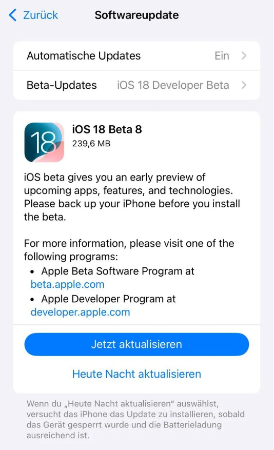 蔡甸苹果手机维修分享苹果 iOS / iPadOS 18 开发者预览版 Beta 8 发布 